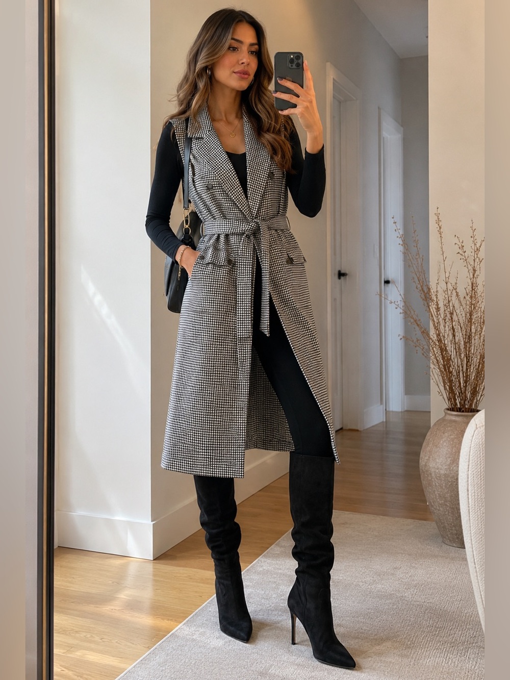 Twist Houndstooth Belted Long Vest Black & White Size 36